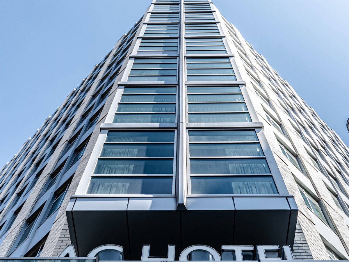 AC Hotel Portland tower and sign, looking up