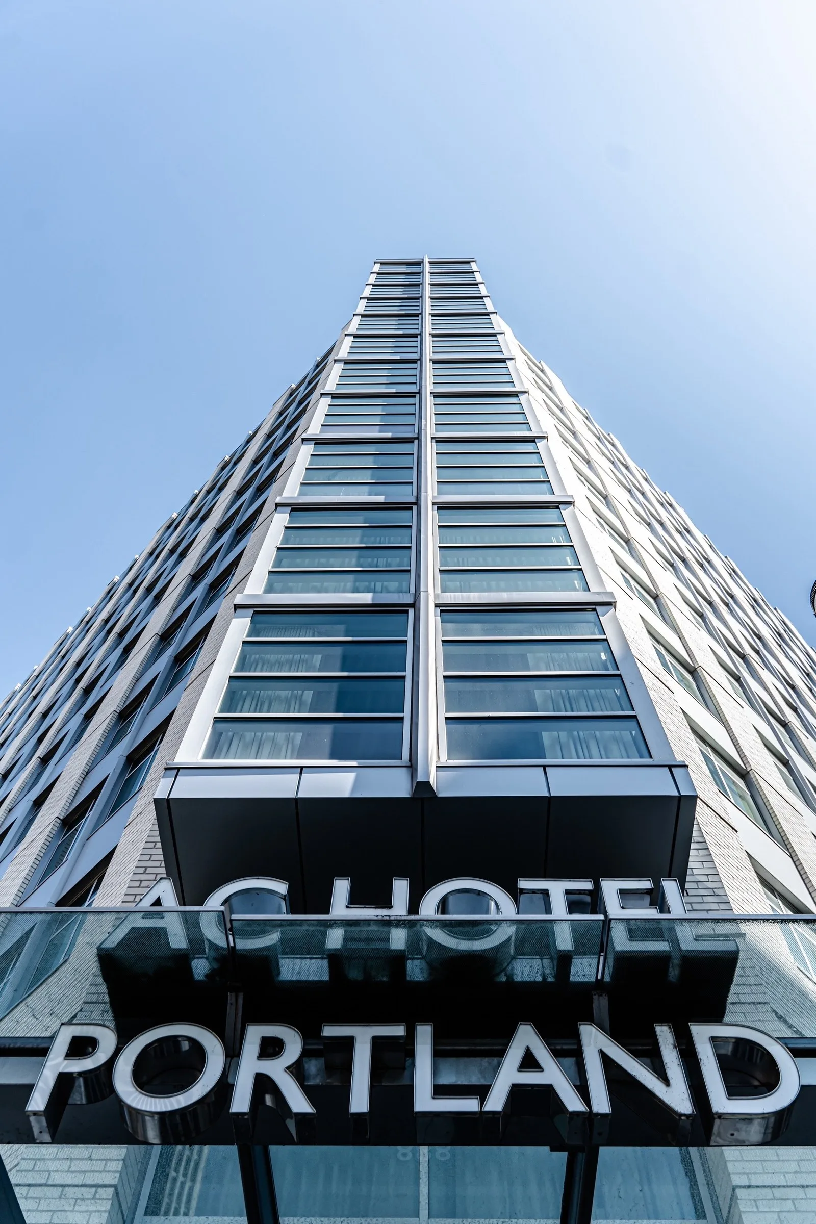 AC Hotel Portland tower and sign, looking up