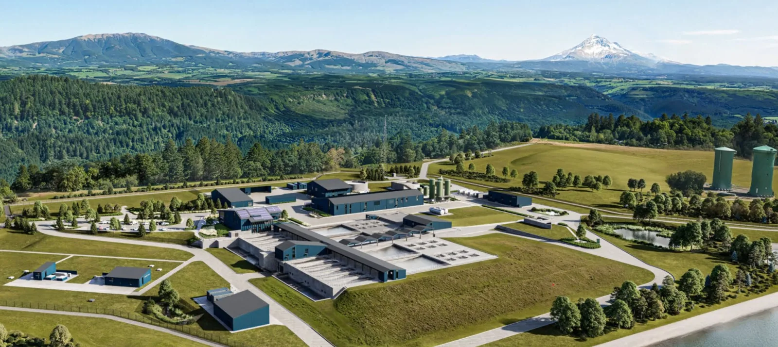 Aerial rendering of the Bull Run filtration facility with Mt. Hood beyond