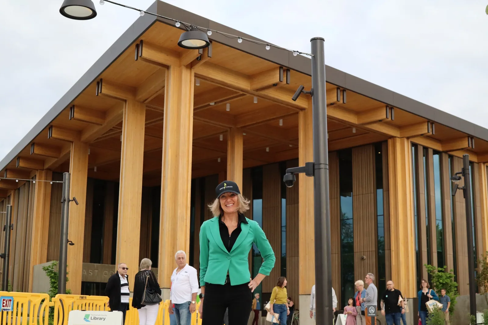 East County Library entrance with its mass timber columns and canopy, visitors in front